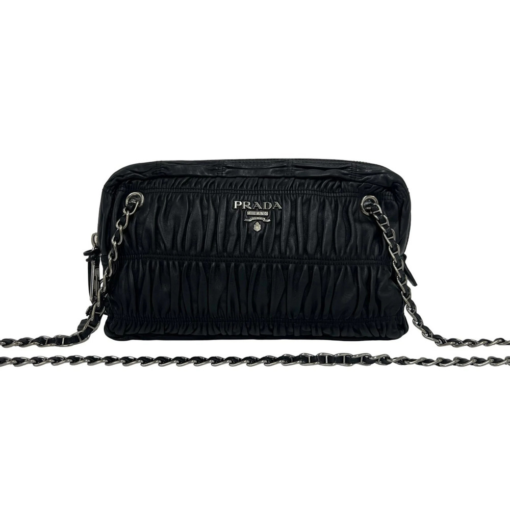 PRADA Prada Logo Hardware Gathered Leather Genuine Chain Semi Shoulder Bag Bl...